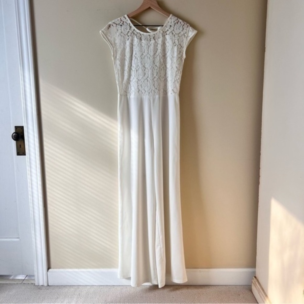 GLAMOROUS WHITE Jumpsuit wide leg lace top lined formal sz M wedding